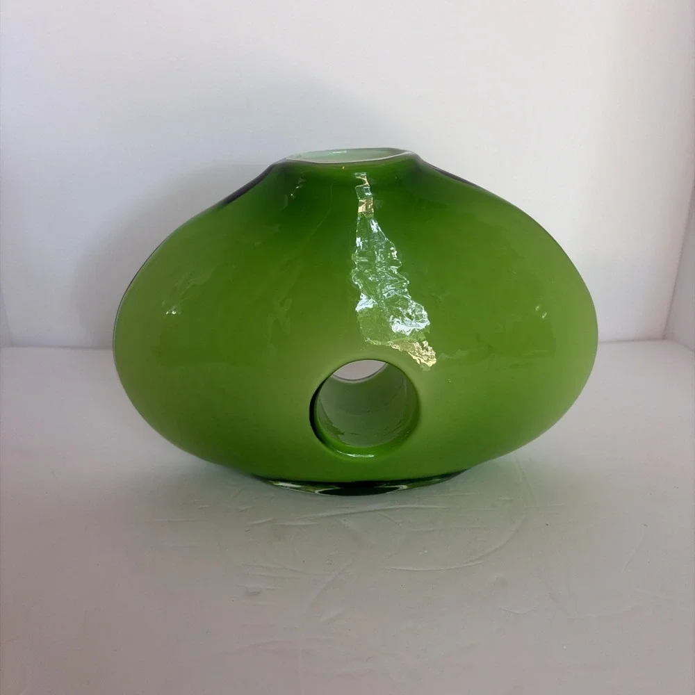 Vintage Green Glass Cased Hand Blown Art Glass Donut Hole Vase MCM Style